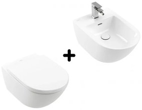 Pachet vas WC rimless suspendat + bideu suspendat, Villeroy&amp;Boch Subway 3.0, cu capac WC slim cu inchidere lenta