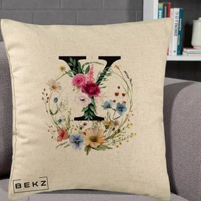 Cadou Personalizat - Perna Personalizata Monograma Florala Litera Y cu Coroana, 40x40 cm, Bej, Husa Detasabila, Perna Inclusa, BEKZ®