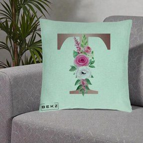 Cadou Personalizat - Perna Personalizata Monograma Rose Gold Litera T, 40x40 cm, Verde Menta, Husa Detasabila, Perna Inclusa, BEKZ®