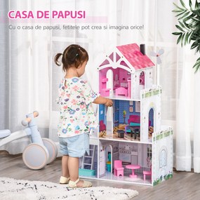 HOMCOM Casă de Păpuși din Lemn cu 3 Nivele și Scări, Include Accesorii, pentru Copii 3-6 Ani, 60x29x85cm, Roz | Aosom Romania