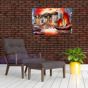 Tablou - Victoria Harbour, Hong Kong, pictură în ulei (90x60 cm)