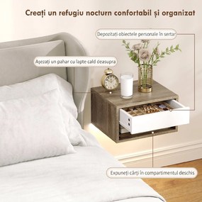 HOMCOM Set 2 Noptiere Suspendate cu LED RGB Integrat și Reglabil prin Aplicație, 37x32x21 cm, Alb Imitație Lemn | Aosom Romania