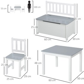 HOMCOM Set Mobilier pentru Copii 4 Piese, Masă, 2 Scaune, Bancă Depozitare, Lemn Multifuncțional, Alb și Gri | Aosom Romania