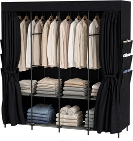 HOMCOM Dulap Textil Compact cu 5 Bare, 4 Rafturi, 6 Buzunare Laterale, Uși Antipraf cu Fermoar, Negru | Aosom Romania