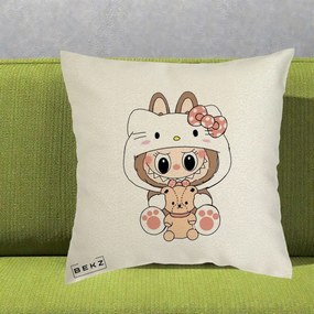 Perna Personalizata Labubu x Hello Kitty, 40x40 cm, Ecru, Husa Detasabila, Perna Inclusa, BEKZ®