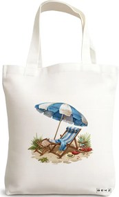 Sacosa de Panza pentru Cumparaturi, Geanta Tote, model Beach life 4 38 x 34.5 cm, Alba, BEKZ®