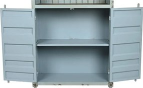 Bufet vintage, stil industrial, din metal, turcoaz, cu 2 uși și rafturi deschise, decor de container maritim, 168,5 x 87 x 44 cm, „Cargo”