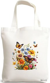 Sacosa de Panza pentru Cumparaturi, Geanta Tote, model Flowers 5 38 x 34.5 cm, Alba, BEKZ®