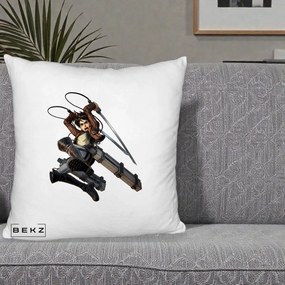 Perna Personalizata Attack on Titan Eren Yeager Lupta, 40x40 cm, Alb Pufos, Husa Detasabila, Perna Inclusa, BEKZ®