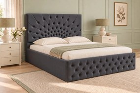 Pat tapițat Chesterfield din catifea Venezia 160×200 cm, gri închis, cu ladă de depozitare