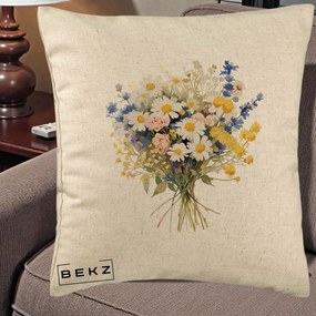 Perna Decorativa Buchet Camp Acuarela Margarete-Lavanda, 40x40 cm, Bej, Husa Detasabila, Perna Inclusa, BEKZ®