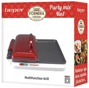 Gratar electric multifunctional Beper P101CUD500 4в1, 1000 W, 4 zone de gatit, Acoperire antiaderenta, Rosu