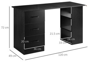 HOMCOM Birou Suport Calculator cu 3 Sertare si 3 Rafturi, Birou pentru Dormitor si Birou 120x49x72cm, Negru