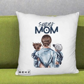 Cadou pentru Mama - Perna Personalizata Super Mom, 40x40 cm, Alb Pufos, Husa Detasabila, Perna Inclusa, BEKZ®