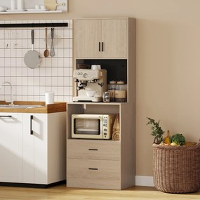 HOMCOM Mobilier pentru cuptor cu microunde, bufet, 2 sertare, 2 uși, blat de lucru, poliță reglabilă, panou perforat, 4 cârlige, lemn natural | Aosom Romania