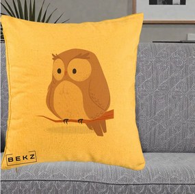 Perna Decorativa Bufnita Kawaii pe Creanga, 40x40 cm, Galben, Husa Detasabila, Perna Inclusa, BEKZ®
