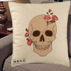Perna Decorativa Craniu Floral Gothic, 40x40 cm, Bej, Husa Detasabila, Perna Inclusa, BEKZ®
