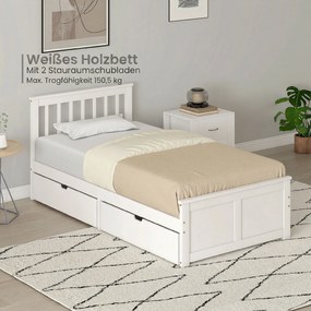 HOMCOM Cadru de pat 90x190cm din lemn masiv,  2 sertare pe roți, tăblie, picior de pat, somier cu lamele, alb | Aosom Romania