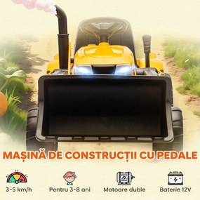 AIYAPLAY Excavator Electric pentru Copii 12V cu Cupă și Remorcă Detașabilă, Tractor Electric de Călărit cu 2 Motoare, Telecomandă, Conexiune Wireless, USB, Lumini și Muzică, 3-8 Ani, Galben | Aosom Romania