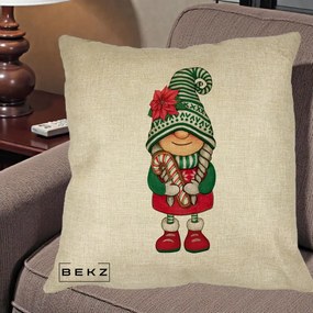Perna Decorativa Gnom Craciun Verde cu Bomboane si Floare, 40x40 cm, Crem, Husa Detasabila, Perna Inclusa, BEKZ®