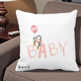 Perna Personalizata Baby Pinguin Roz, 40x40 cm, Alba Mata, Husa Detasabila, Perna Inclusa, BEKZ®