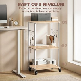HOMCOM Suport pentru Imprimantă pe 3 Niveluri cu Roți și Cârlige, Masă Modernă, Lemn Natural. | Aosom Romania