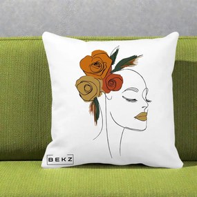 Perna Decorativa Portret Feminin Trandafiri Ruginii, 40x40 cm, Alba Mata, Husa Detasabila, Perna Inclusa, BEKZ®