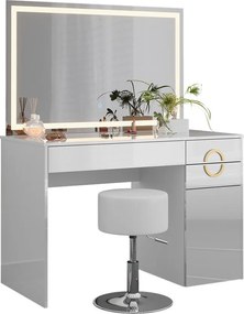 Masuta machiaj cu Oglinda LED si 3 Sertare pentru Cosmetice, Set Masa toaleta 115 cm, Alb Lucios, masuta cosmetica, vanity - SEA442