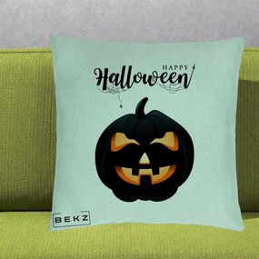 Perna Decorativa Happy Halloween Dovleac Negru cu Paianjen, 40x40 cm, Verde Menta, Husa Detasabila, Perna Inclusa, BEKZ®