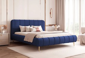 Pat Stripe 140 x 200 Cm , Picioare Metalice, Lada depozitare, Tapiterie Catifea Albastra