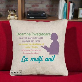 Cadou pentru Invatatoare - Perna Personalizata Doamna Invatatore La Multi Ani cu Silueta si Text Colorat, 40x40 cm, Bej Canapea, Husa Detasabila, Perna Inclusa, BEKZ®