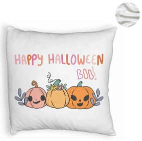 Perna Decorativa Fluffy cu motiv Dovleac si Text de Halloween, Multicolor, 40x40 cm, Alba, Husa Detasabila, Burduf