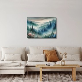 Tablou pe sticlă - Peisaj forestier cu ceață (70x50 cm)