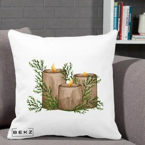 Perna Decorativa Lumanari Rustice cu Crengute Brad, 40x40 cm, Alba Mata, Husa Detasabila, Perna Inclusa, BEKZ®