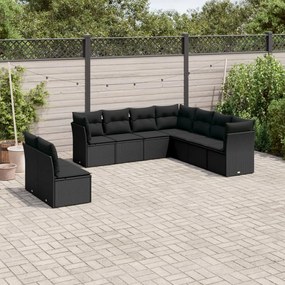 vidaXL Set mobilier de grădină cu perne, 9 piese, negru, poliratan