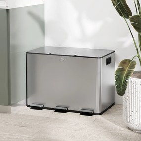 HOMCOM Coș de Gunoi cu 3 Compartimente de 20L, Cu Pedală, Capace cu Închidere Silențioasă, Oțel Inoxidabil și PP, 61,9x36,6x56,7 cm, Argintiu | Aosom Romania
