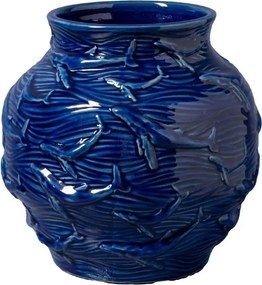 Vază din ceramică albastră, mică, cu balene și valuri în relief, 20,5 x Ø 20,5 cm, „Azula”