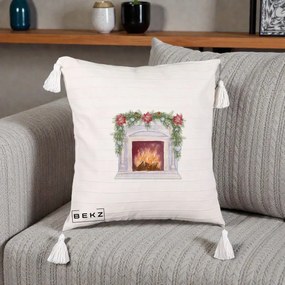 Perna Decorativa Semineu de Craciun Watercolor, 40x40 cm, Bej cu Franjuri, Husa Detasabila, Perna Inclusa, BEKZ®