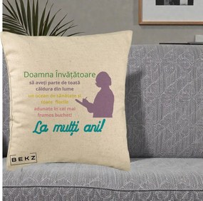 Cadou pentru Invatatoare - Perna Personalizata Doamna Invatatore La Multi Ani cu Silueta si Text Colorat, 40x40 cm, Bej, Husa Detasabila, Perna Inclusa, BEKZ®