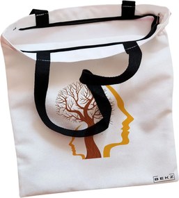 Sacosa de Panza pentru Cumparaturi, Geanta Tote, model Tree and Faces, Cu fermoar, 38x34.5 cm, Alba, BEKZ®