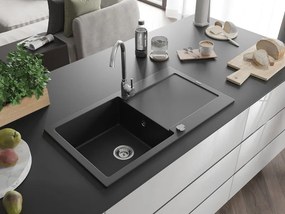 Mexen Leo chiuvetă de granit cu 1 cuvă și scurgător 900 x 500 mm, negru, sifon crom - 6501901010-77
