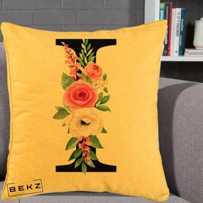 Cadou Personalizat - Perna Personalizata Monograma Florala Litera I, 40x40 cm, Galben, Husa Detasabila, Perna Inclusa, BEKZ®