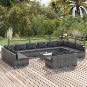 Set mobilier de gradina cu perne, 13 piese,gri, poliratan gri si antracit, 2x colt + 10x mijloc + masa, 1