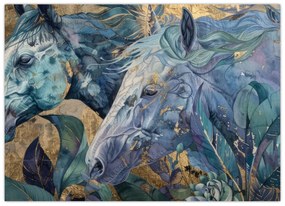 Tablou pe sticlă - Cai cu fundal auriu (70x50 cm)