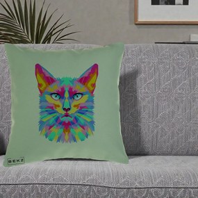 Perna Decorativa Pisica Pop Art Multicolor, 40x40 cm, Verde, Husa Detasabila, Perna Inclusa, BEKZ®