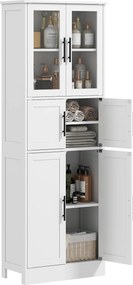 HOMCOM Dulap pentru baie, unitate depozitare 6 nivele, 6 uși dintre care 2 vitrate, rafturi reglabile, 60x30x170cm, alb | Aosom Romania