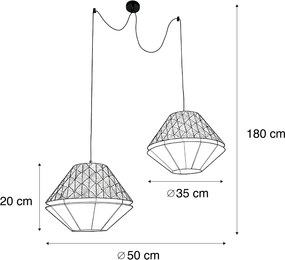 Lampă suspendată neagră cu abajur dublu de catifea, design cu frunze și bej, cu 2 lumini - Cava Luxe
