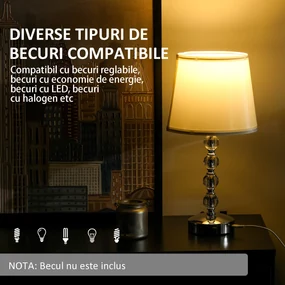 HOMCOM Lampă de Masă cu Buton și Port USB, Lampă Modernă din Metal, Sticlă și Poliester, Ø23x45 cm, Argintiu | Aosom Romania