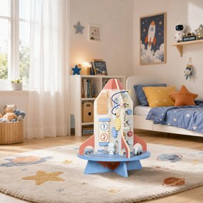 AIYAPLAY Masă Educativă Montessori pentru Copii din Lemn, cu Tematică Rachetă, Traseu de Bile, Angrenaje și Abac | Aosom Romania