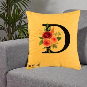 Cadou Personalizat - Perna Personalizata Monograma Florala Litera D, 40x40 cm, Galben, Husa Detasabila, Perna Inclusa, BEKZ®